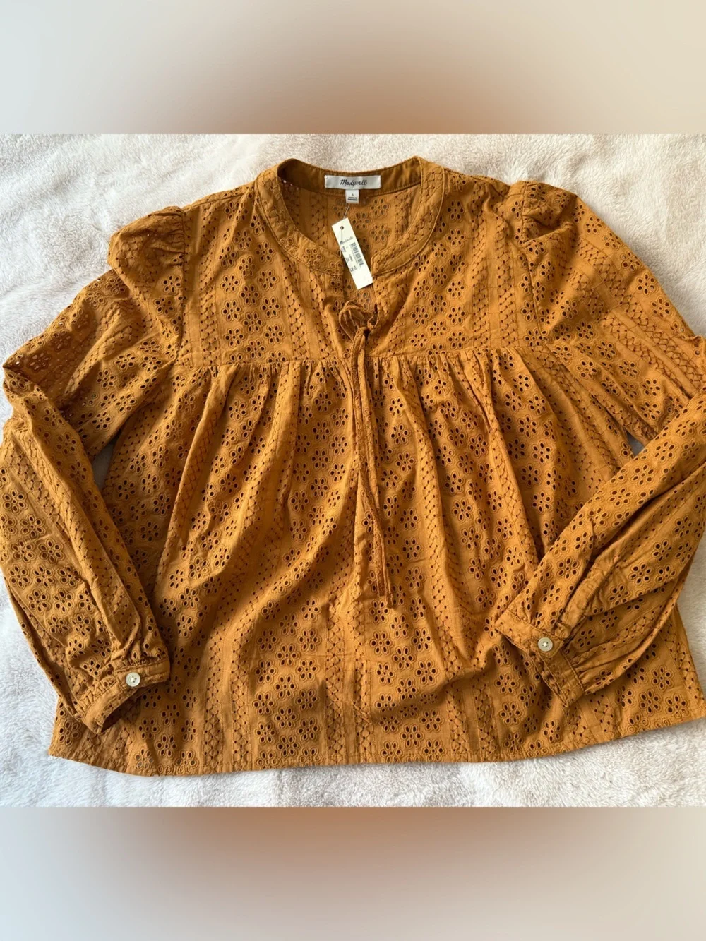 NWT Madewell Eyelet Double-Tie Blouse Carrot Cake Size S